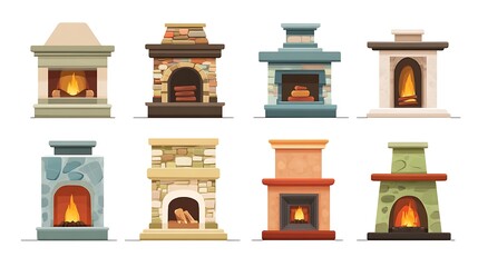 Set of simple fireplaces icons isolated on the white background 