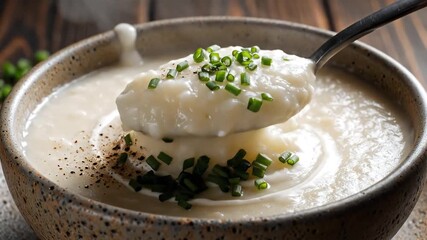 Creamy homemade potato leek soup served in a rustic bowl garnished with fresh chives and a swirl of cream ready to be enjoyed as a comforting meal. - Powered by Adobe