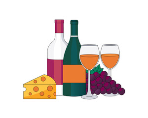 Red wine bottle and glass with cheese and grapes isolated on white for celebration