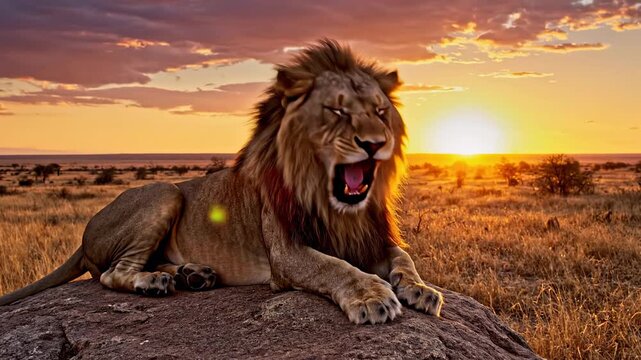 Powerful male lion with a magnificent mane lying on a rock in the african savannah, turning his head, roaring with his mouth open, and finally resting at sunset with a beautiful golden sky
