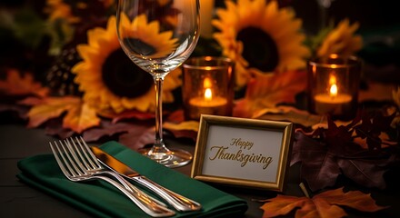 Elegant Thanksgiving holiday table setting with a place setting, warm candlelight, autumn leaves, and a message of gratitude