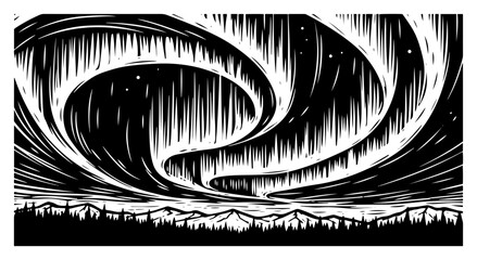 Aurora Borealis Night Landscape over Forest in Retro Woodcut and Linocut Engraving Style © Camel