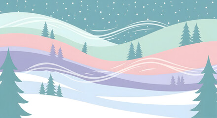 Peaceful winter landscape with pastel hills and snowy trees, perfect for holiday cards and serene backgrounds for your seasonal marketing campaigns