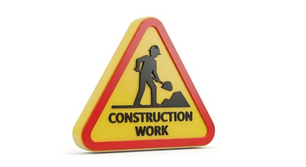 Yellow warning sign with silhouette of construction worker digging, indicating roadwork ahead.