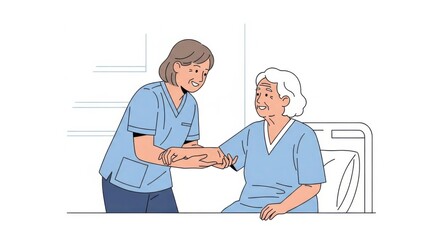 Nursing Caregiver Supporting Elderly Woman Patient in Hospital Bed Bright Medical Environment