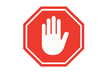 Hand gesture forming stop symbol within a red octagon, indicating halt, warning, and no entry, transparent background