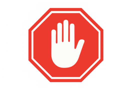 Hand gesture forming stop symbol within a red octagon, indicating halt, warning, and no entry, transparent background