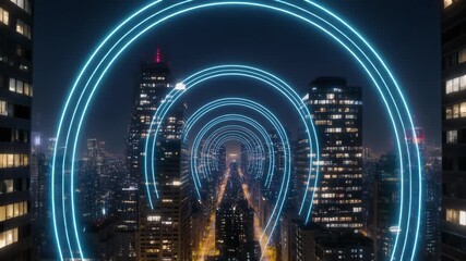 Futuristic Cityscape with Neon Rings and Building Silhouettes at Night - Powered by Adobe