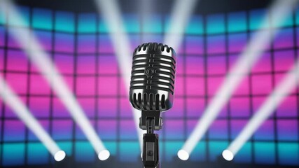 Classic chrome microphone standing on a stage with bright spotlights and a colorful neon grid background, evoking a retro disco party atmosphere for music festivals or concert performances