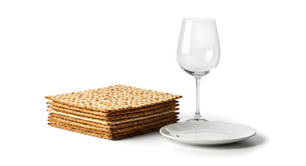 Traditional matzah and wine glass on white background, symbolizing Passover and Jewish tradition.