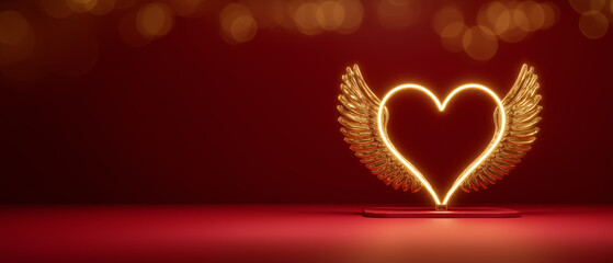 Golden neon heart with wings, Romantic Valentine&rsquo;s Day stage decoration, Glowing love symbol, Elegant festive background for celebration and couples. Panoramic bg