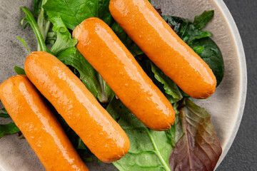 Sausage vegetarian soy meat plant-based food fast food natural tasty appetizer fresh gourmet food background on the table rustic top view copy space keto or paleo diet vegetarian or vegan food