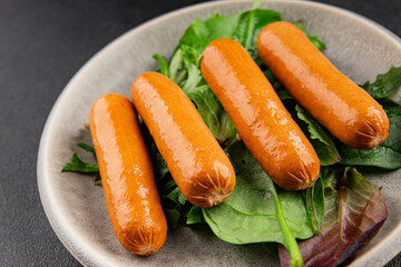 Sausage vegetarian soy meat plant-based food fast food natural tasty appetizer fresh gourmet food background on the table rustic top view copy space keto or paleo diet vegetarian or vegan food