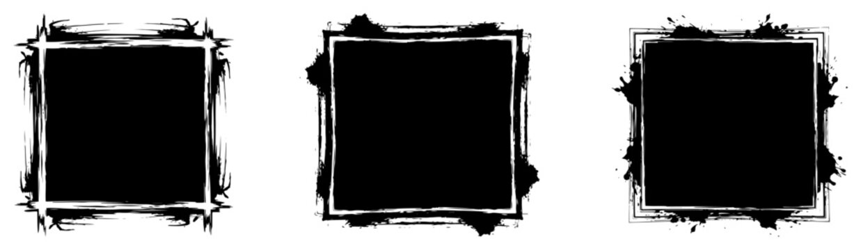Grunge Square Frames with Ink Brush Stroke Borders Vector Set