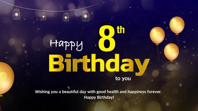 8th Birthday Wishes Greeting Card Template &ndash; Golden Text with Bokeh Lights, Celebration Background | 4K Birthday Wishes Video Template