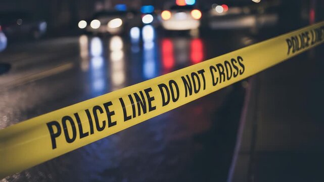 Yellow police tape reading police line do not cross cordoning off a crime scene at night, with flashing lights of emergency vehicles creating a bokeh effect on the wet city street