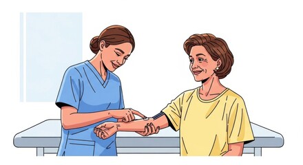 Nurse in Blue Uniform Checking Patient&acirc;&euro;&trade;s Blood Pressure in Clinic