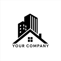 Real Estate Company Logo Featuring Buildings Over a House Roof