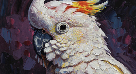 Cockatoo in textured painterly style in white and yellow colors representing exotic beauty with copy space