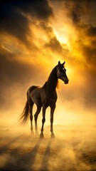 Naklejka premium Dark horse in golden mist with dramatic sunset sky and sunbeams animal mammal
