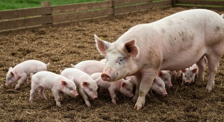 A sow and several piglets stand together in a pen with a wooden fence