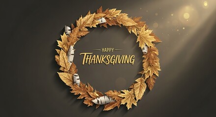 Luxurious Thanksgiving greeting card design featuring a circular wreath of golden autumn foliage and birch bark, illuminated by soft light rays on a dark background