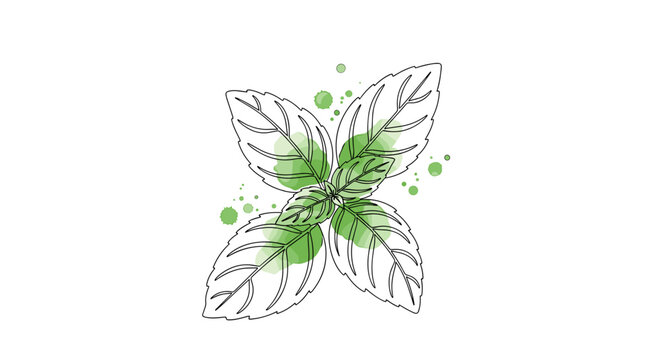 Fresh green mint leaves herb plant nature and food concept one line minimalist illustration with watercolor fill, trendy vector