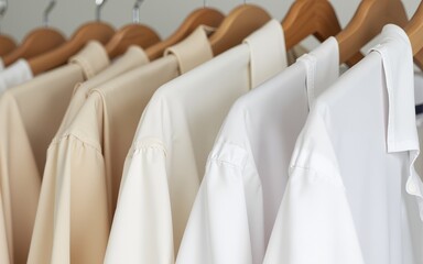 Minimalist wardrobe featuring neatly hung beige and white shirts on wooden hangers, showcasing simplicity and elegance. High quality