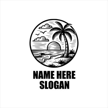 Retro tropical beach logo design in a circle emblem. Hand-drawn vector illustration of a palm tree on an island with ocean waves and sunset