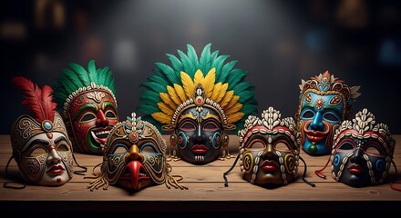 A collection of ornate venetian masks displayed on a wooden surface in a dimly lit environment