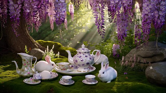 Whimsical woodland tea party under cascading purple blossoms with white rabbits