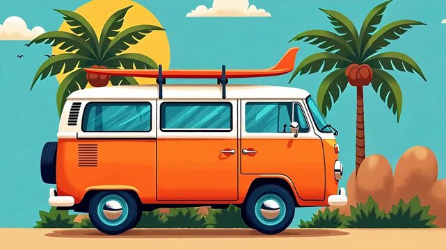 Orange van with surfboard on beach