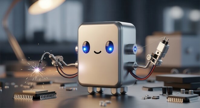 Adorable metallic automaton performs delicate electronic assembly with sparking tool