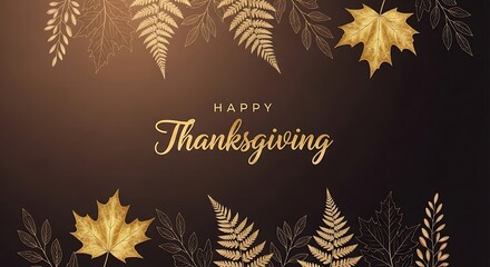 Elegant Happy Thanksgiving greeting banner with shimmering golden autumn leaves and intricate botanical outlines on a sophisticated brown backdrop for seasonal celebrations