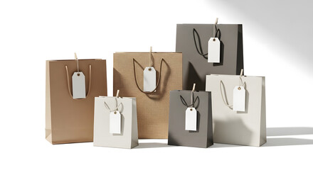 Collection of stylish paper shopping bags with blank tags, perfect for retail and gifting.