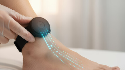 Physical therapy. balance fall prevention seniors wearable sensor ankle monitors gait and encourages confident movement reducing risk