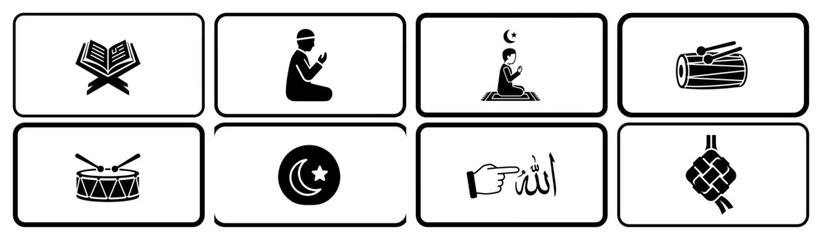 Ramadan Islam Icon Buttons with Prayer Quran and Crescent Symbols