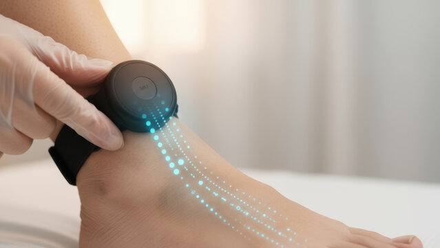 Physical therapy. balance fall prevention seniors wearable sensor ankle monitors gait and encourages confident movement reducing risk