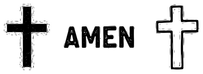Grunge Textured Christian Cross Symbol with Amen Typography for Religious Design