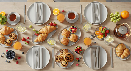 Bright and inviting overhead view of a delicious breakfast spread with pastries, fruit, and tea.