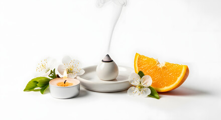 Aromatherapy set with lit candle, burning incense, and fresh orange slice for relaxation