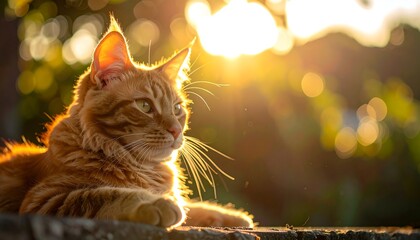 Golden cat basks in sunset glow, perched against blurred green backdrop; fur illuminated by the sun's warmth