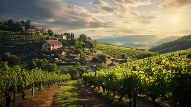 vineyard with a road running through it. road is lined with houses and the vineyards are lush and green. sky is cloudy and sun is setting