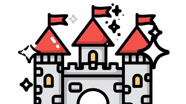 Animated cartoon castle icons with red rooftops and flags in continuous sequence