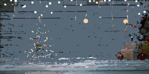 Abstract christmas background with tree gifts lights and wooden wall