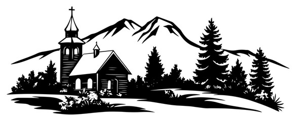 Fototapeta premium Rural Church Landscape with Mountains and Pine Trees Silhouette