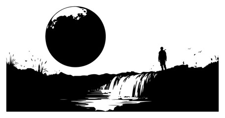 Naklejka premium Traveler by Waterfall under Giant Moon Minimal Landscape Illustration