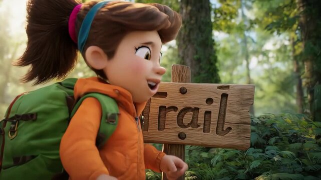 Young cartoon girl with backpack walks on forest trail