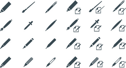 Collection of various pen and pencil icons in black and white