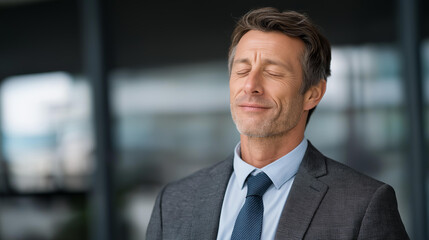 A professional in a corporate lobby taking a moment with eyes closed, steadying nerves before a high-stakes job interview &mdash; workplace anxiety, confidence building, and moments of calm before big